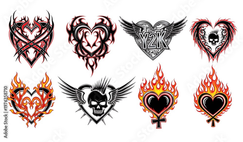 Neo tribal hearts vector set Y2K tattoo gothic punk cyber burning flames
