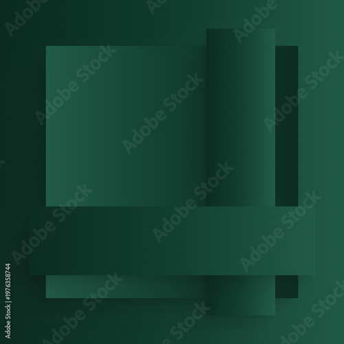 Layered geometric abstract dark green background with overlapping shapes, minimalist gradient modern composition, depth effect, contemporary digital design backdrop