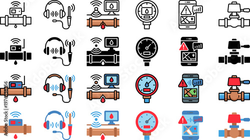 Leak Detection and Smart Monitoring System Icons for Water Pipe Infrastructure
