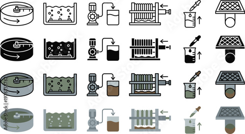 Water Treatment and Purification Process Icons for Environmental Engineering System