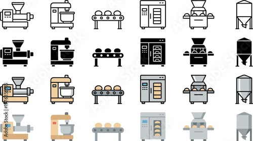 Bakery Equipment Icons Set in Four Distinct Graphic Design Styles