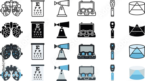 Optics Vision and Eye Care Equipment Icons in Four Distinct Design Styles