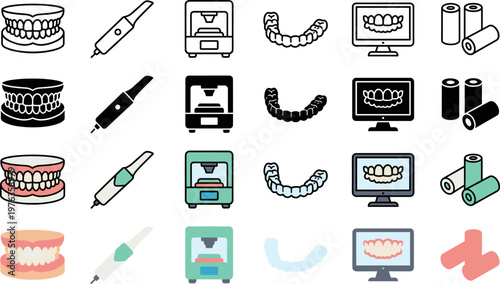 Dentistry Icons Set Featuring Digital Dentistry Technology and Orthodontic Treatments