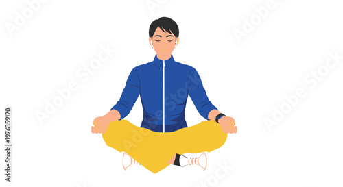 Meditating man, yoga pose, blue jacket, yellow pants, vector illustration