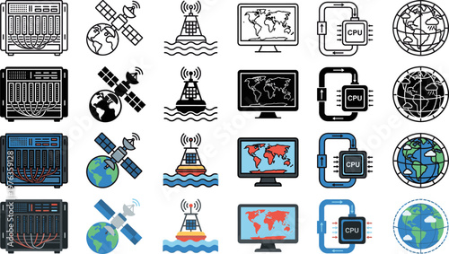 Technology and Global Communication System Icons with Data Flow in Four Styles