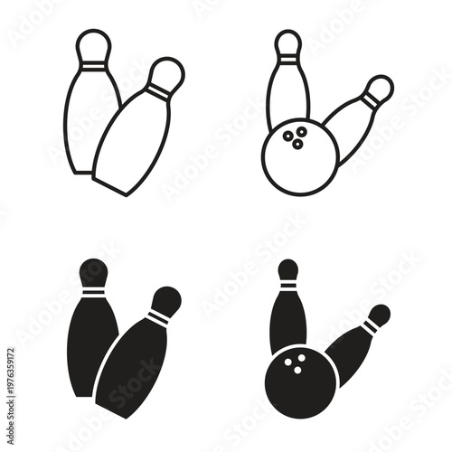 Bowling icon collection in black color. Stroke Lines and flat silhouette style icons