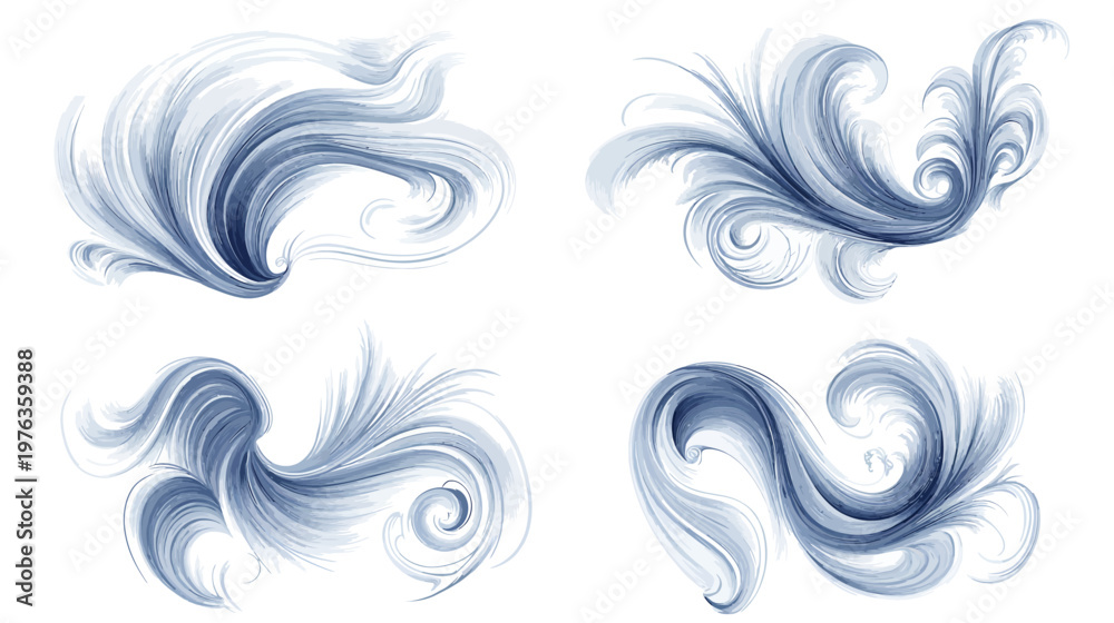 Fototapeta premium Four abstract watercolor elements in shades of blue and white, with swirling and flowing lines