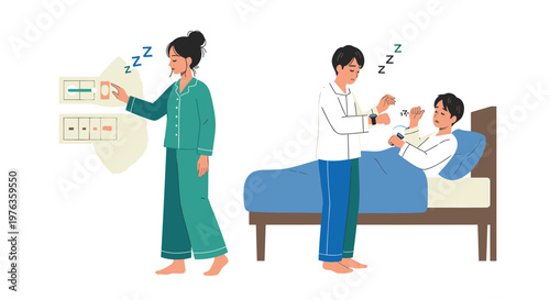 Sleep, snoring, insomnia, woman adjusting thermostat, bedroom