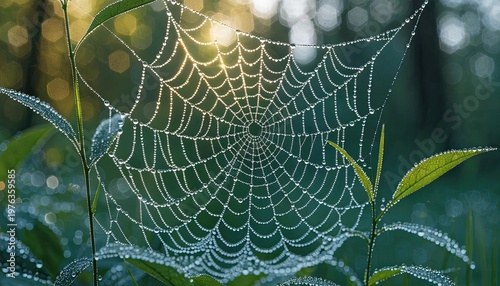 Spider web with dew drops highlighting natural structure and symmetry. 
