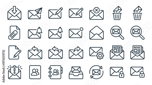 Set of mail and communication line icons on grey background.