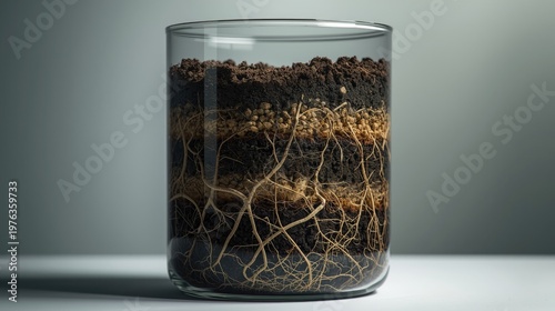 Transparent container showing layered soil with roots spreading through different depths.