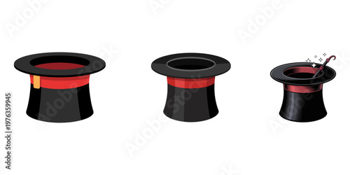 Top hat illustration on a white background with a magic illusion theme featuring a magician, wand, and rabbit concept
