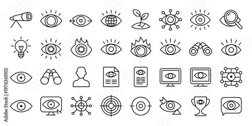 Vision and observation line icons set, 32 outline vector symbols of eyes, binoculars and telescopes, business insight and monitoring concept graphics