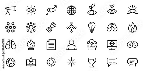Minimalist business vision and strategy line icons, set of 28 vector symbols for corporate planning, professional insight and discovery web graphics