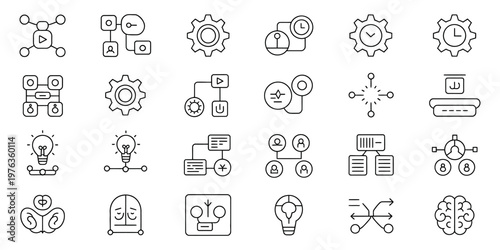 Minimalist business process icons, set of 24 thin line vector symbols for workflow management, strategic planning and creative thinking concepts