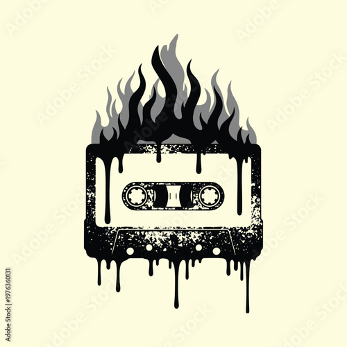 Flaming Speed Fire Cassette Tape Ink Drip Vector T-Shirt Design Illustration