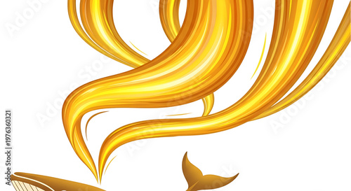 A golden mermaid tail illustration with flowing locks of hair in a minimalist vector design