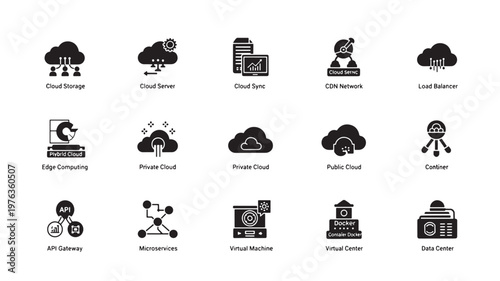 Cloud computing icons illustrate various digital infrastructure concepts including server management, storage solutions, data centers, and network connectivity architectures.