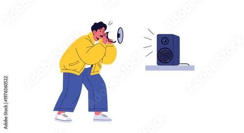 Vector illustration of man with megaphone, loudspeaker, colorful business concept, communication symbol
