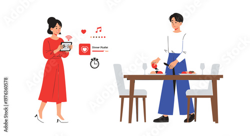 Vector illustration of couple, romantic dinner, restaurant icons, flat design, love and food concept