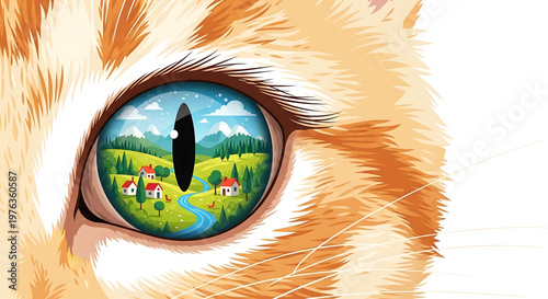 A whimsical illustration of a cat's eye with a scenic village reflected in its iris