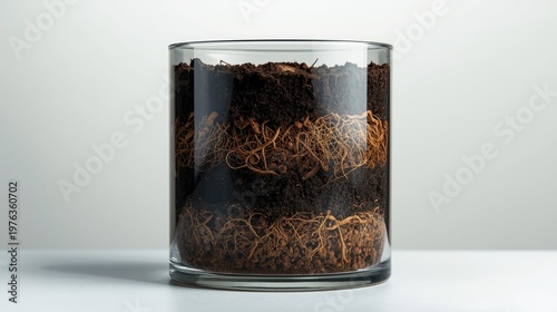 Transparent container showing layered soil with roots spreading through different depths.