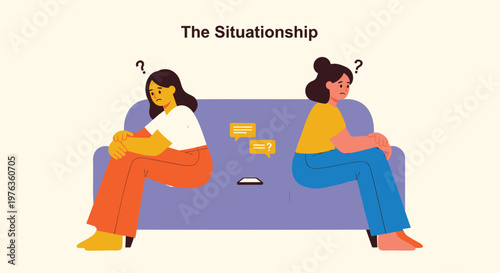 Relationships, confused women, sitting on couch, uncertainty, vector illustration