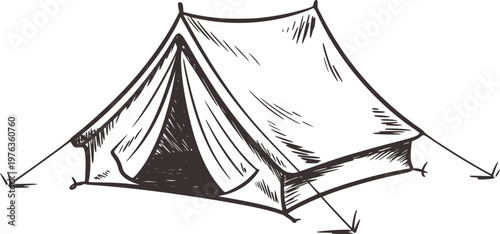 Hand drawn of a classic canvas camping tent with open entrance and guy ropes outdoor