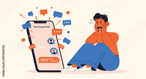 Mobile phone, group chat, shocked man, social media, messaging app, vector illustration