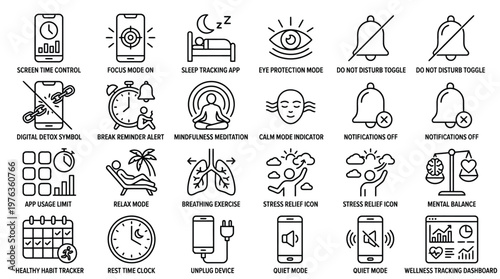 Digital wellness and screen time control line icons for mindful phone usage habits.