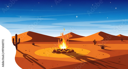 A vibrant desert landscape illustration featuring a campfire under a starry night sky with cacti and sand dunes.