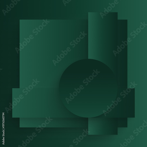 Abstract geometric dark green background with centered circle and layered shapes, minimalist gradient modern composition, clean structured design backdrop