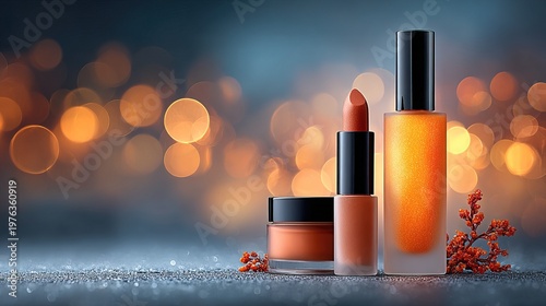 Elegant Still Life of Various Cosmetics with Shimmering Bokeh Background