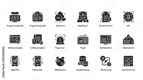 Icons illustrating software development processes including programming code, bug reports, version control, and mobile application interfaces are displayed.