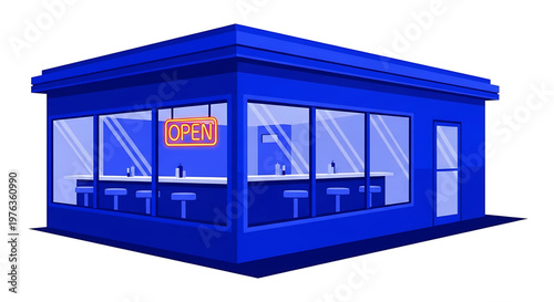 A blue vector graphic illustration of a small restaurant or cafe with an open sign