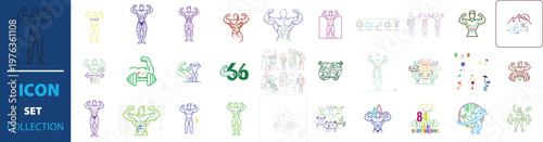 Fitness and bodybuilding line icons, set of 56 gym and workout vector symbols, colorful athletic strength and muscle training elements