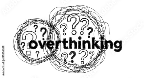 A conceptual illustration of overthinking with question marks.