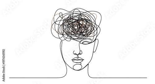 Continuous line drawing of a person with a tangled mind.