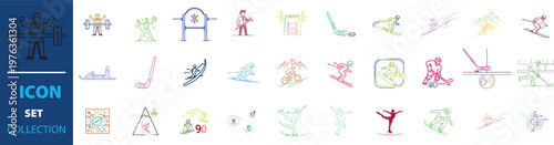 Winter sports icon set collection, colorful line art vector of skiing and snowboarding activities, athletic outdoor recreation symbols for web design