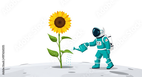 An astronaut in a teal spacesuit waters a sunflower growing on the moon's surface