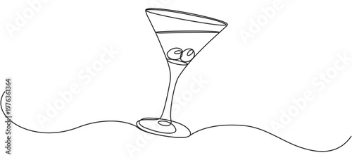 Continuous line drawing of martini glass with olives. Cocktail menu concept. Vector illustration isolated on white.
