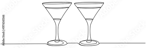 Two glasses continuous line drawing. Cocktail menu concept. Cheers symbol. Vector illustration isolated on white.