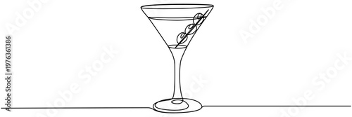Continuous line drawing of martini glass with olives. Party cocktail symbol. Vector illustration isolated on white.