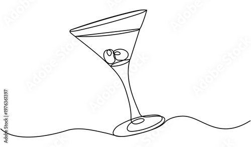 Continuous line drawing of martini glass with two olives. Party symbol. Vector illustration isolated on white.