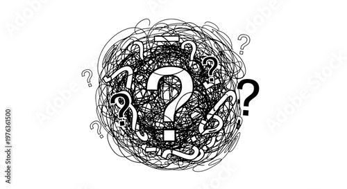 A complex question mark symbol surrounded by tangled lines and queries.