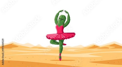 A whimsical vector illustration of a cactus ballerina dancing in the desert