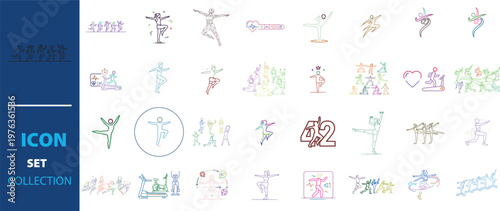Abstract dance icon set, 42 colorful stick figure elements, minimalist dancing people vector collection, expressive movement and fitness symbols