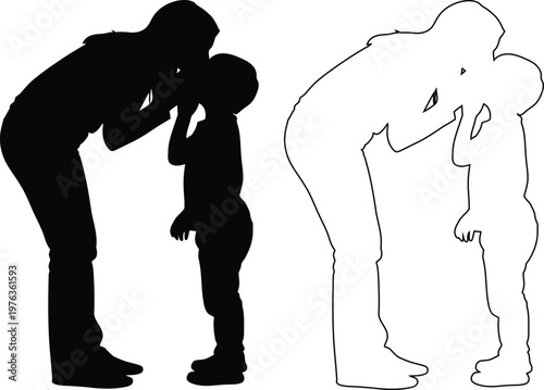 Two silhouettes showing person comforting child with hugging posture