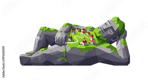 A vector graphic illustration of a small village nestled in the palm of a giant hand on a rocky outcrop