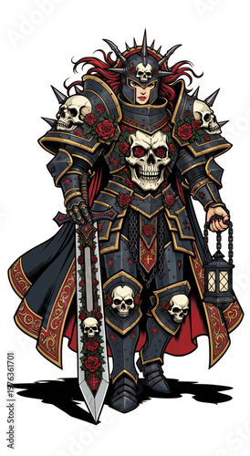 Dark Necromancer Queen Warrior with Skull Armor and Sword – Gothic Fantasy Female Death Knight Character Vector Illustration